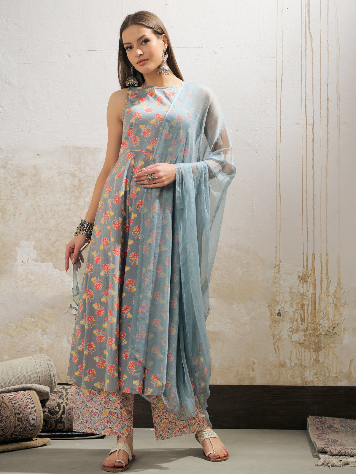 Grey Floral Sleeveless Kurta With Pencil Pants & Dupatta-Shae by SASSAFRAS