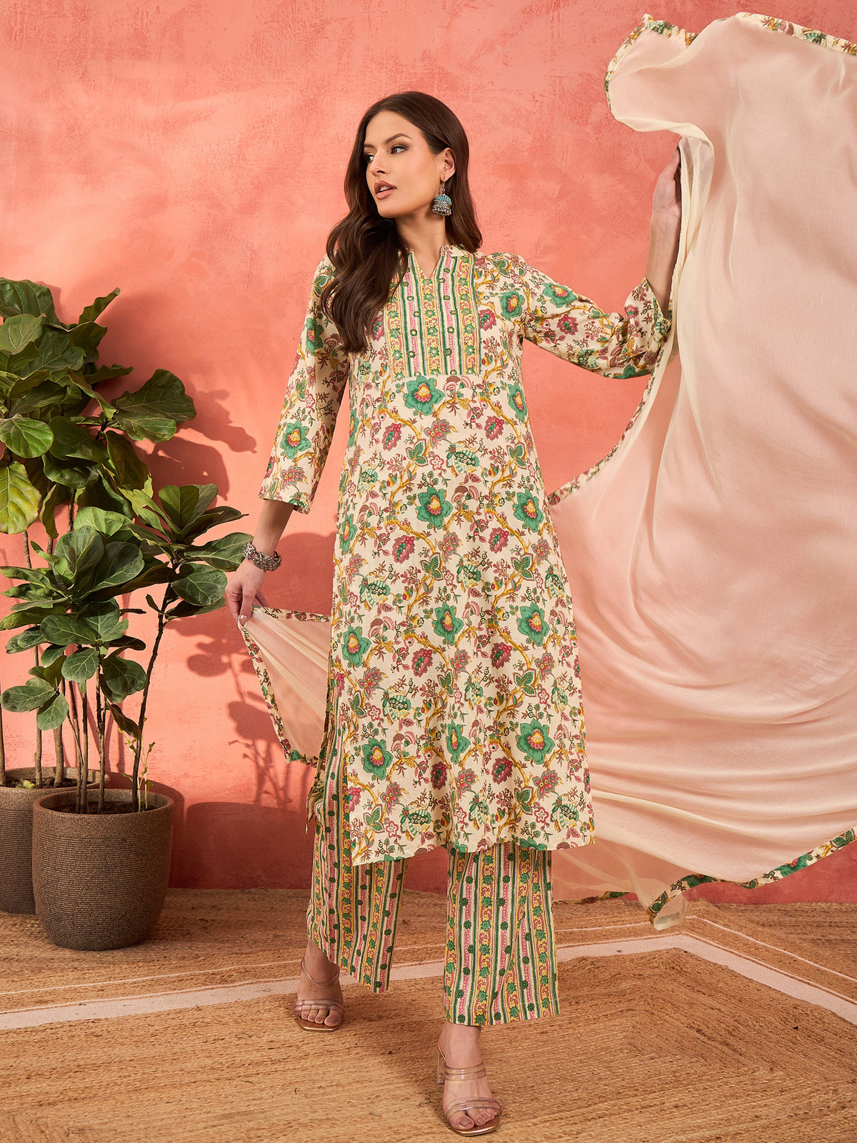 White Multi Floral Straight Kurta With Pencil Pants & Dupatta-Shae by SASSAFRAS