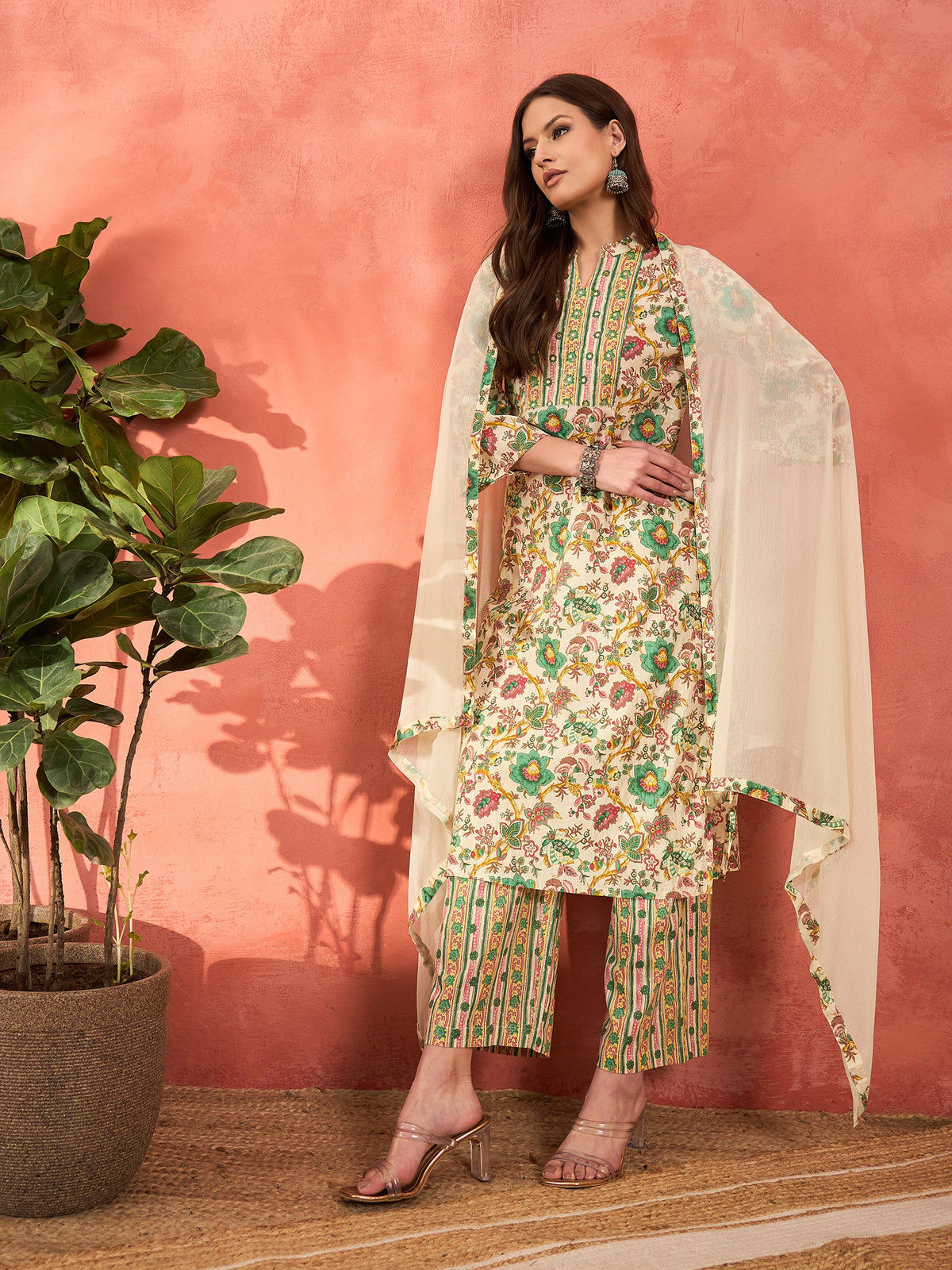 White Multi Floral Straight Kurta With Pencil Pants & Dupatta-Shae by SASSAFRAS
