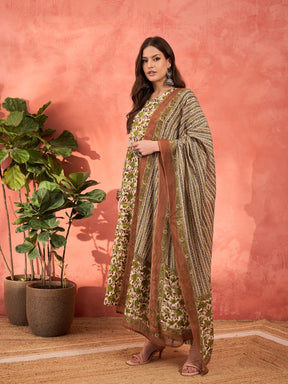 Off White & Green Floral Anarkali Kurta With Pencil Pants & Dupatta-Shae by SASSAFRAS