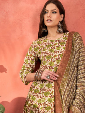 Off White & Green Floral Anarkali Kurta With Pencil Pants & Dupatta-Shae by SASSAFRAS