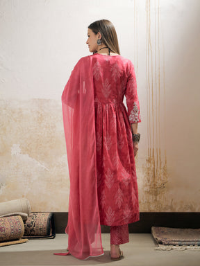 Pink Floral Gathered Kurta With Pencil Pants & Dupatta-Shae by SASSAFRAS