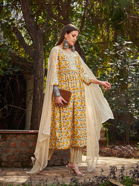 Yellow Floral Gathered Kurta With Pencil Pants & Dupatta-Shae by SASSAFRAS