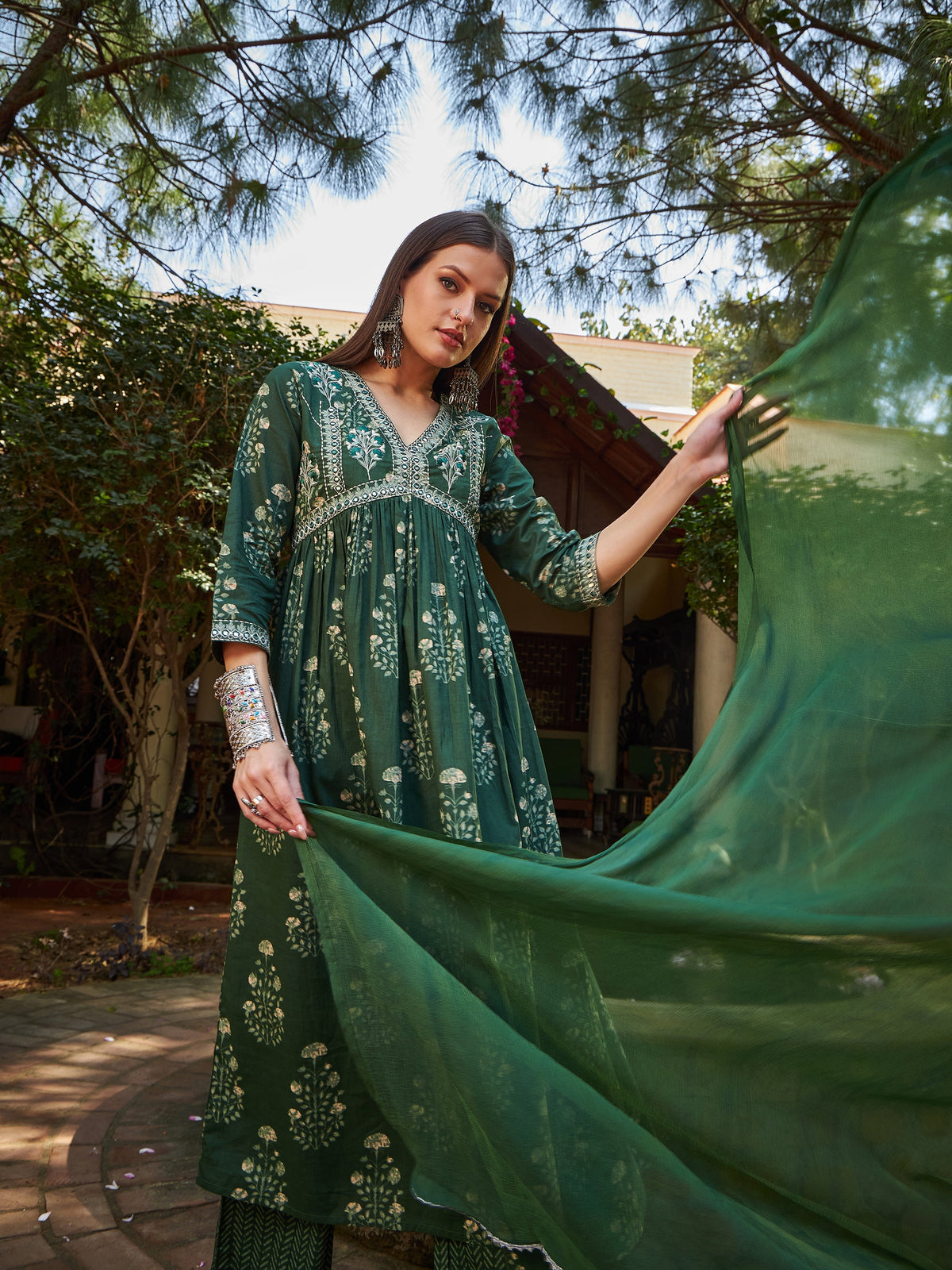 Green Floral Embroidered Gathered Kurta With Pencil Pants & Dupatta-Shae by SASSAFRAS