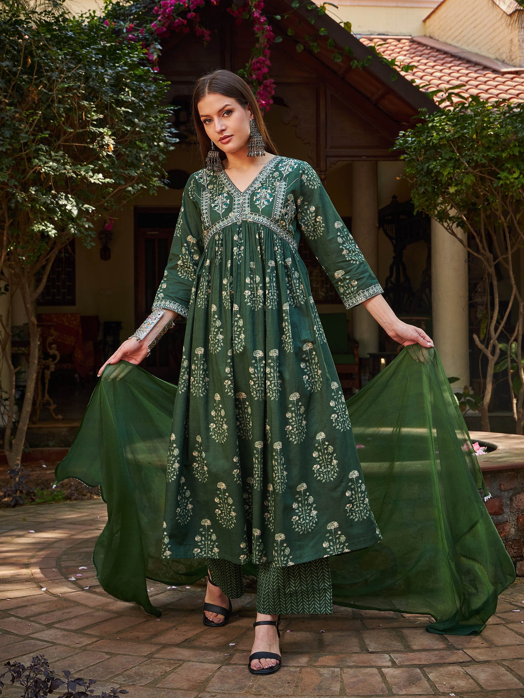 Green Floral Embroidered Gathered Kurta With Pencil Pants & Dupatta-Shae by SASSAFRAS