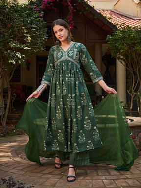 Green Floral Embroidered Gathered Kurta With Pencil Pants & Dupatta-Shae by SASSAFRAS