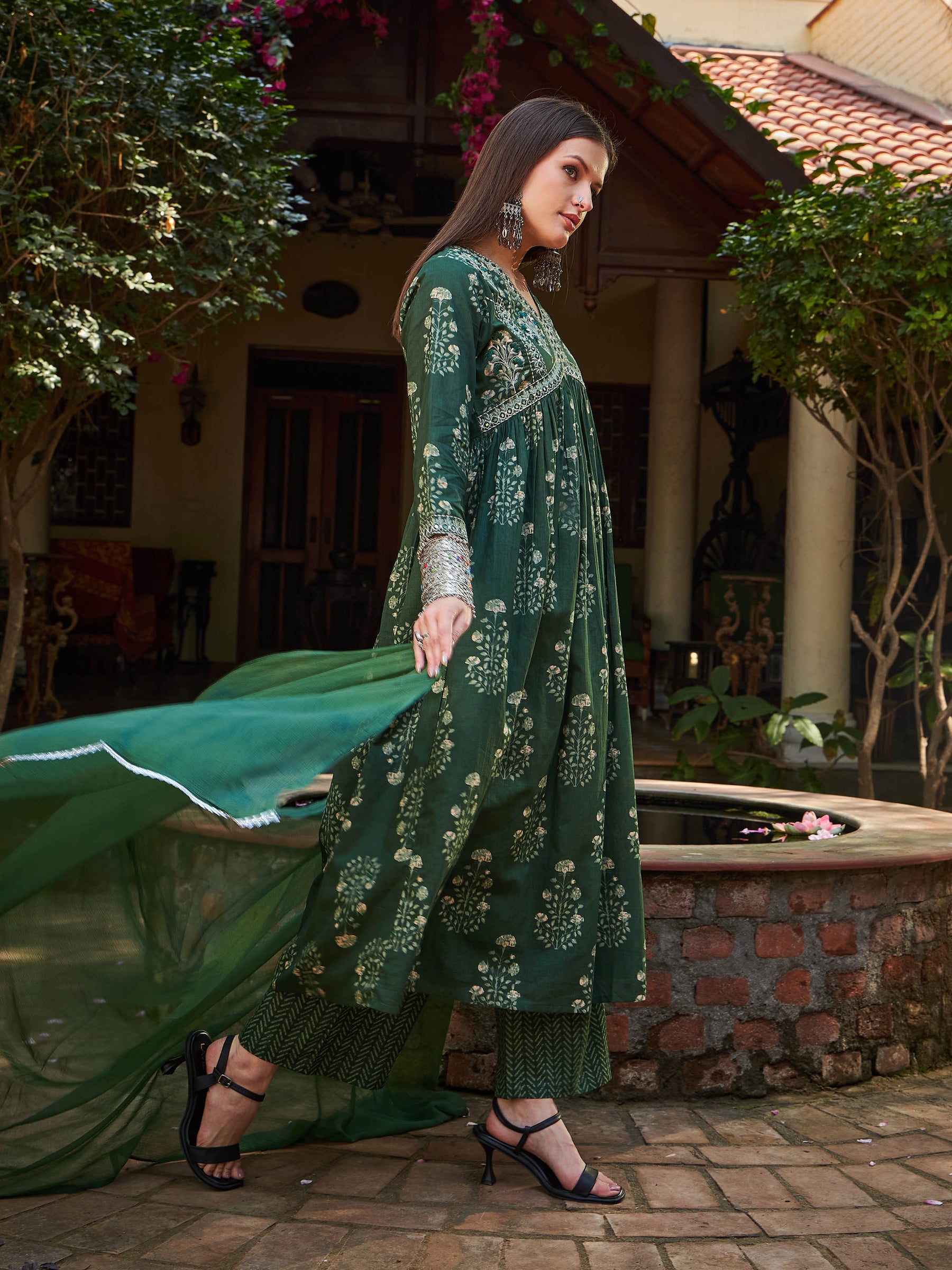 Green Floral Embroidered Gathered Kurta With Pencil Pants & Dupatta-Shae by SASSAFRAS