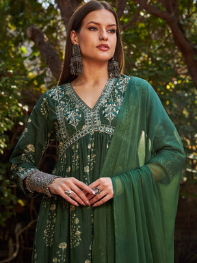 Green Floral Embroidered Gathered Kurta With Pencil Pants & Dupatta-Shae by SASSAFRAS