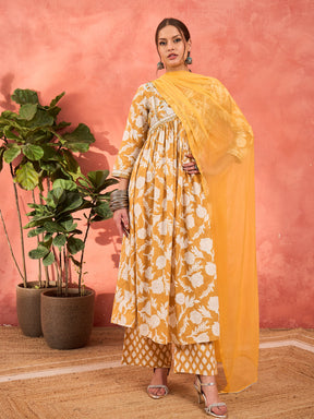 Mustard Floral Embroidered Gathered Kurta With Pencil Pants & Dupatta-Shae by SASSAFRAS