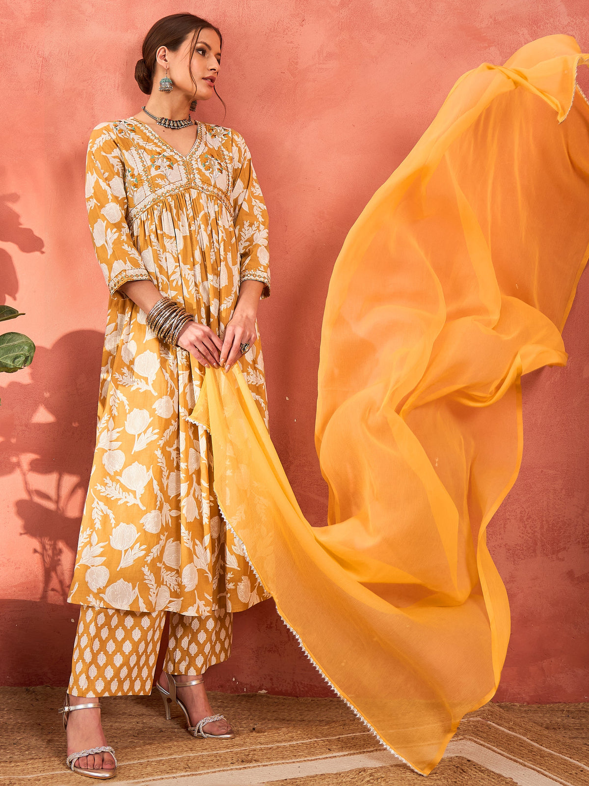 Mustard Floral Embroidered Gathered Kurta With Pencil Pants & Dupatta-Shae by SASSAFRAS