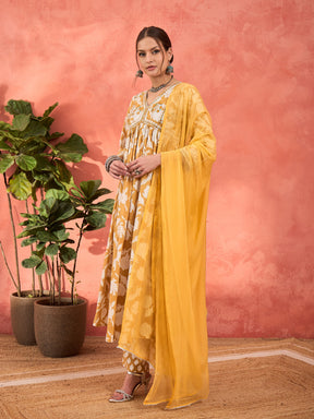 Mustard Floral Embroidered Gathered Kurta With Pencil Pants & Dupatta-Shae by SASSAFRAS