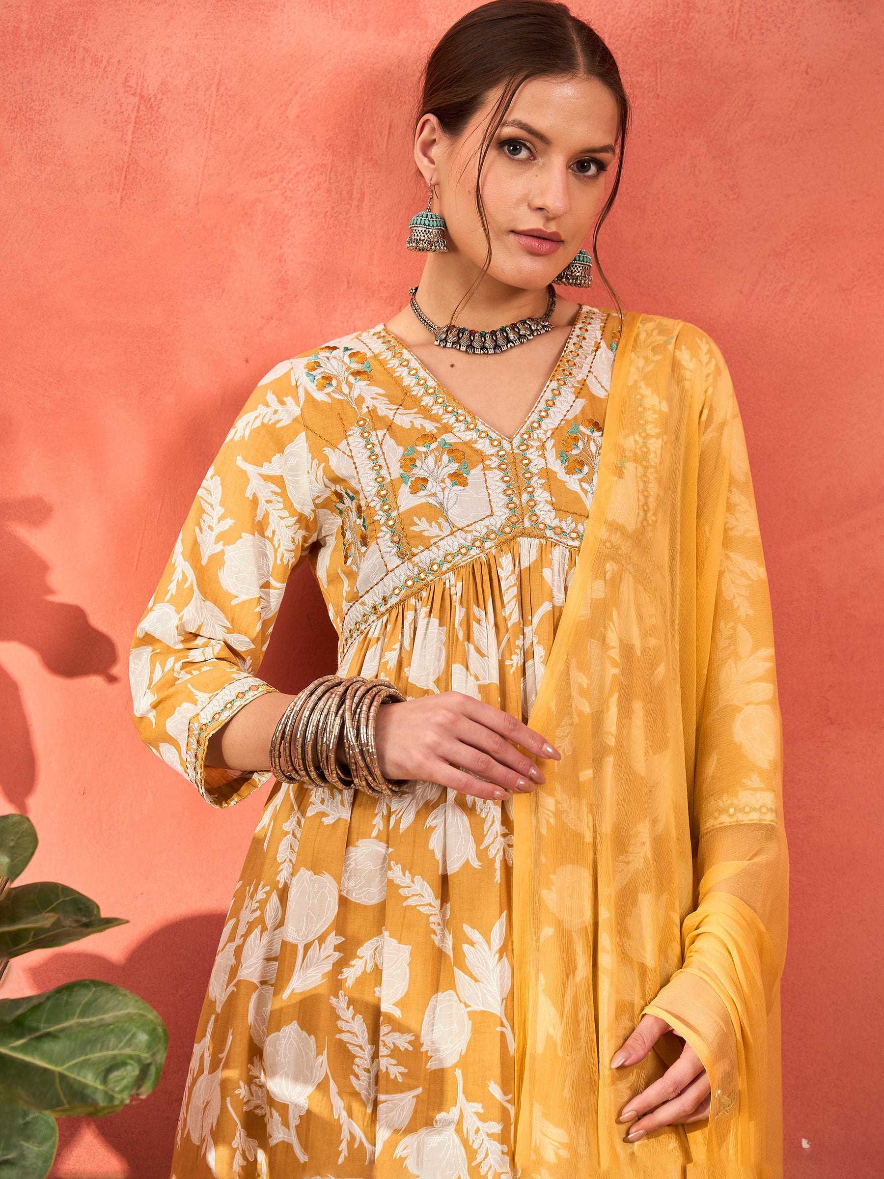 Mustard Floral Embroidered Gathered Kurta With Pencil Pants & Dupatta-Shae by SASSAFRAS