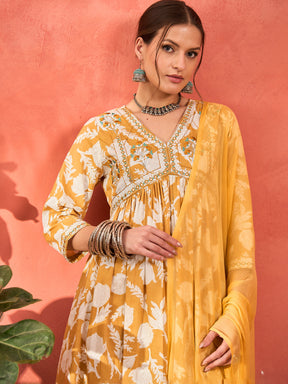 Mustard Floral Embroidered Gathered Kurta With Pencil Pants & Dupatta-Shae by SASSAFRAS