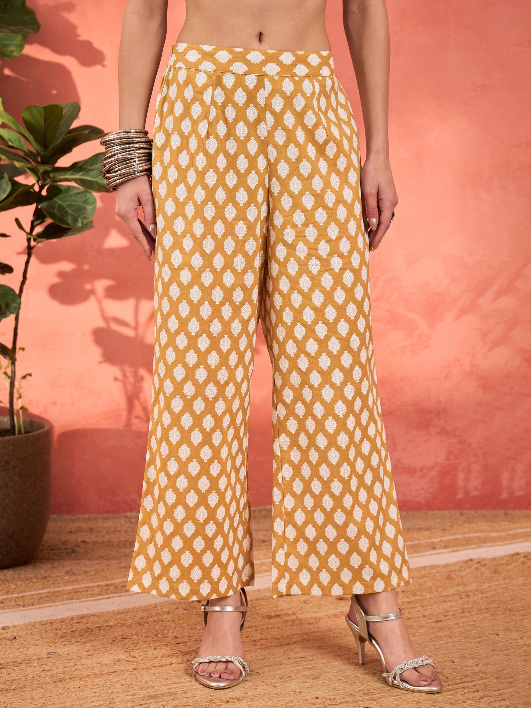 Mustard Floral Embroidered Gathered Kurta With Pencil Pants & Dupatta-Shae by SASSAFRAS