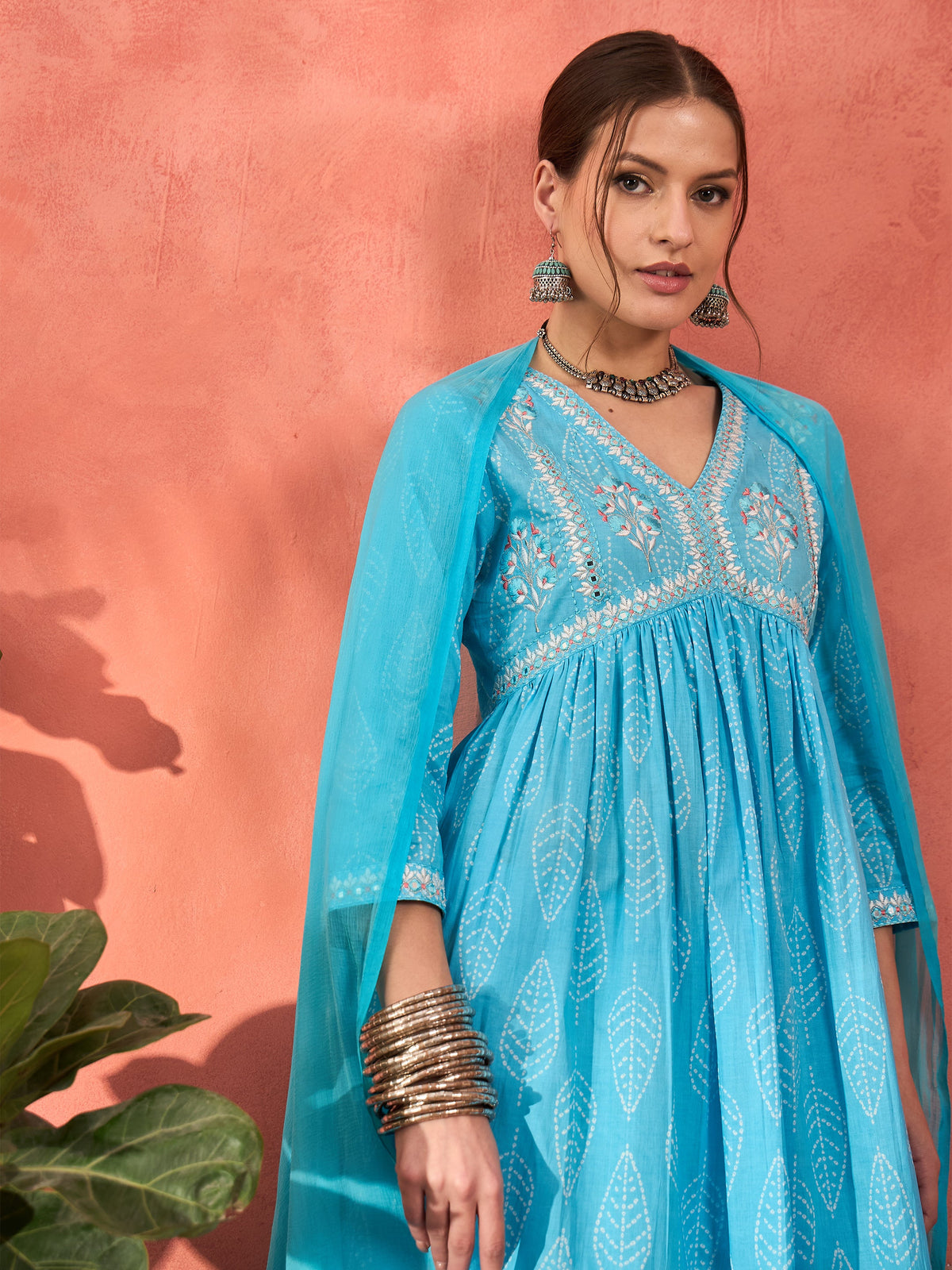 Blue Floral Embroidered Gathered Kurta With Pencil Pants & Dupatta-Shae by SASSAFRAS