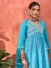 Blue Floral Embroidered Gathered Kurta With Pencil Pants & Dupatta-Shae by SASSAFRAS