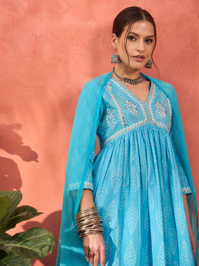 Blue Floral Embroidered Gathered Kurta With Pencil Pants & Dupatta-Shae by SASSAFRAS