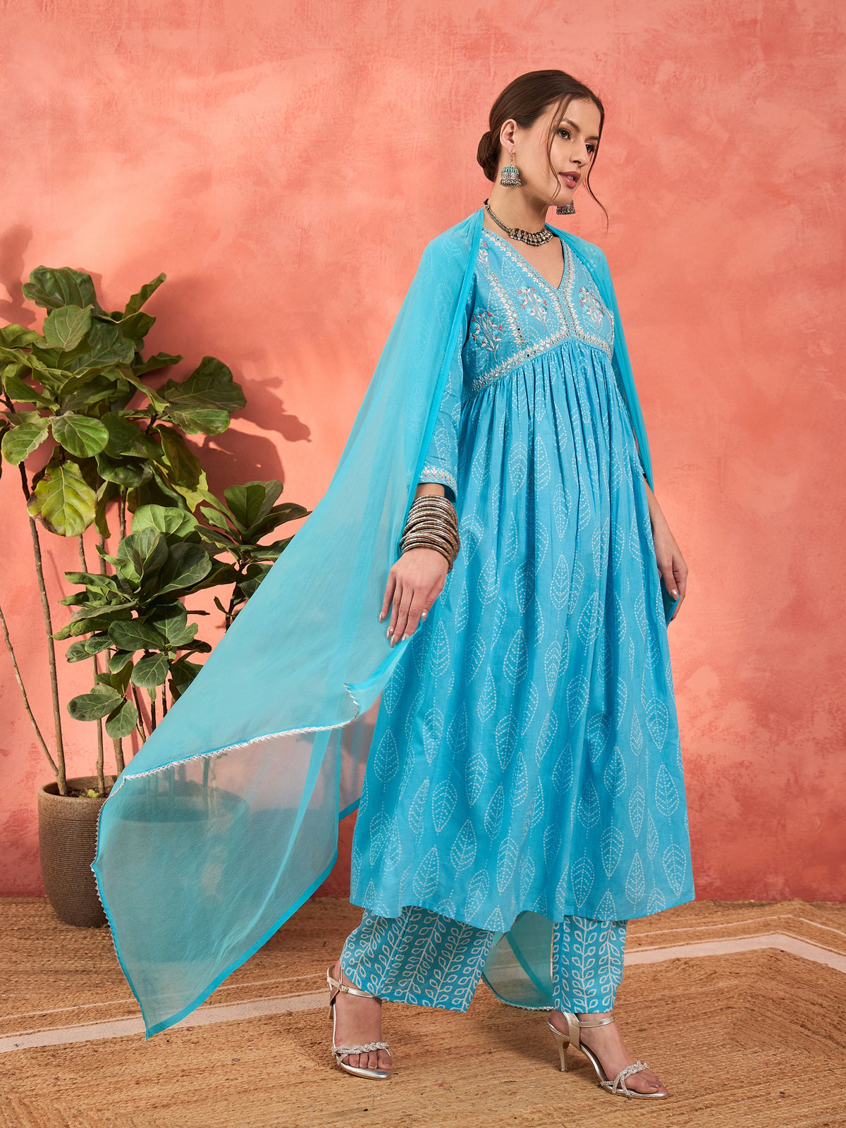 Blue Floral Embroidered Gathered Kurta With Pencil Pants & Dupatta-Shae by SASSAFRAS