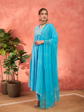 Blue Floral Embroidered Gathered Kurta With Pencil Pants & Dupatta-Shae by SASSAFRAS