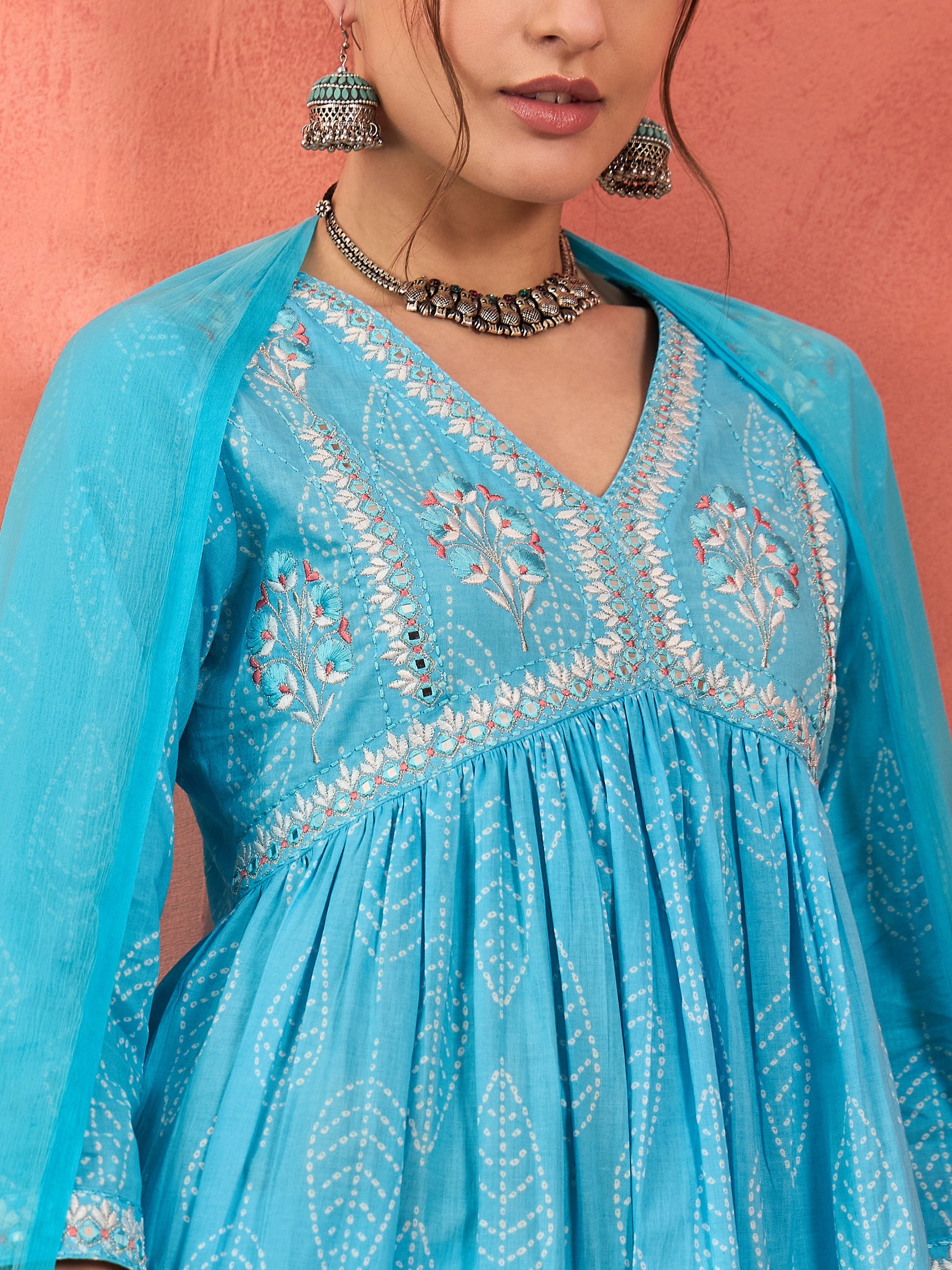 Blue Floral Embroidered Gathered Kurta With Pencil Pants & Dupatta-Shae by SASSAFRAS