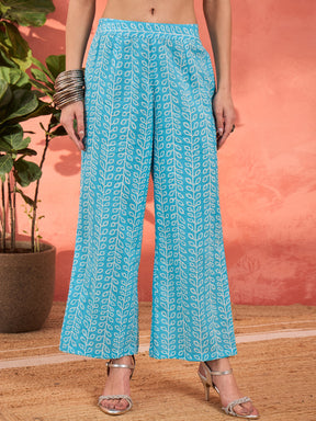 Blue Floral Embroidered Gathered Kurta With Pencil Pants & Dupatta-Shae by SASSAFRAS