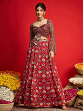 Maroon Floral Rouching Crop Top With Anarkali Skirt -Shae by SASSAFRAS