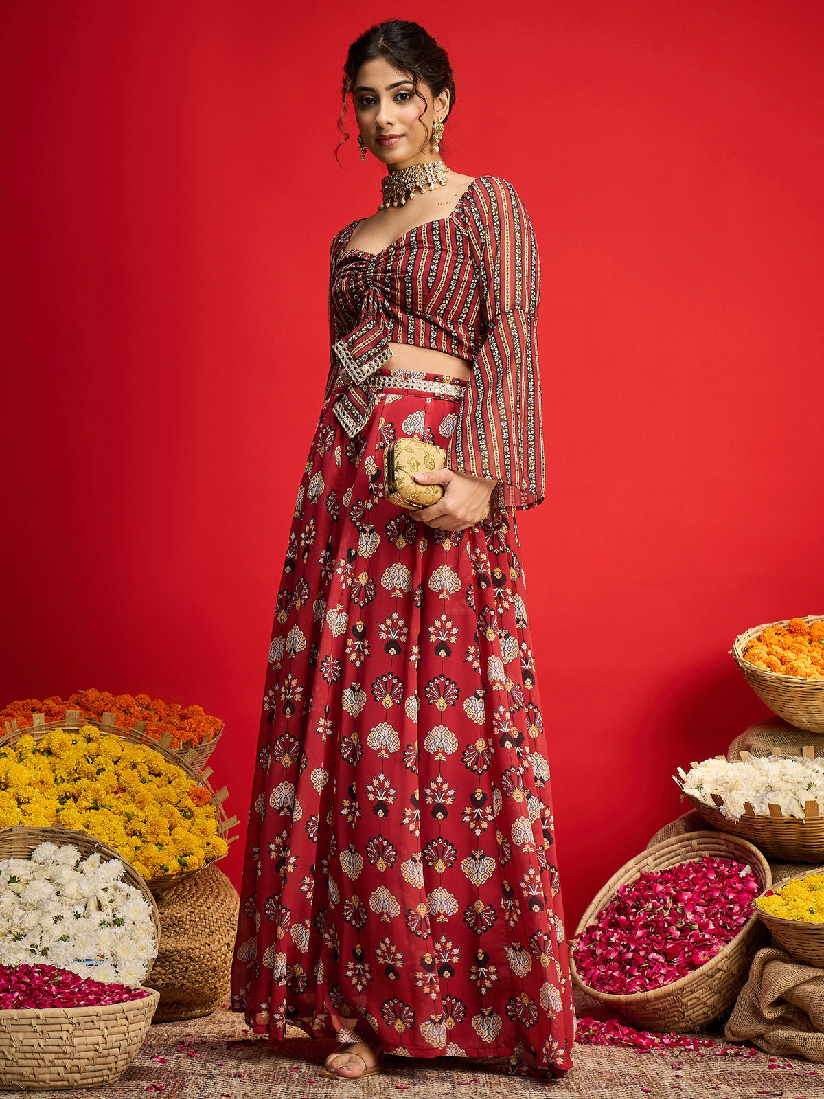 Maroon Floral Rouching Crop Top With Anarkali Skirt -Shae by SASSAFRAS
