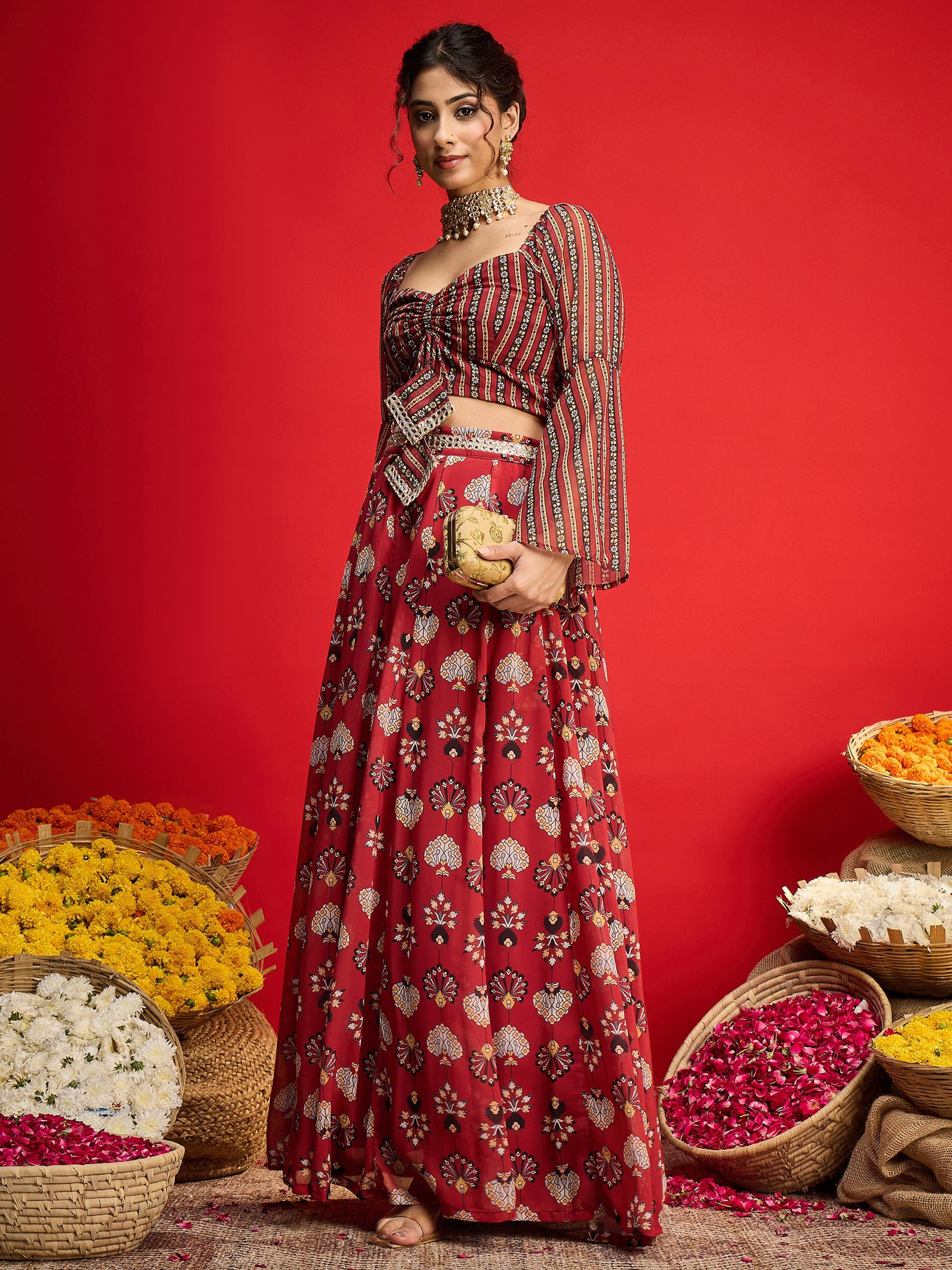 Maroon Floral Rouching Crop Top With Anarkali Skirt -Shae by SASSAFRAS
