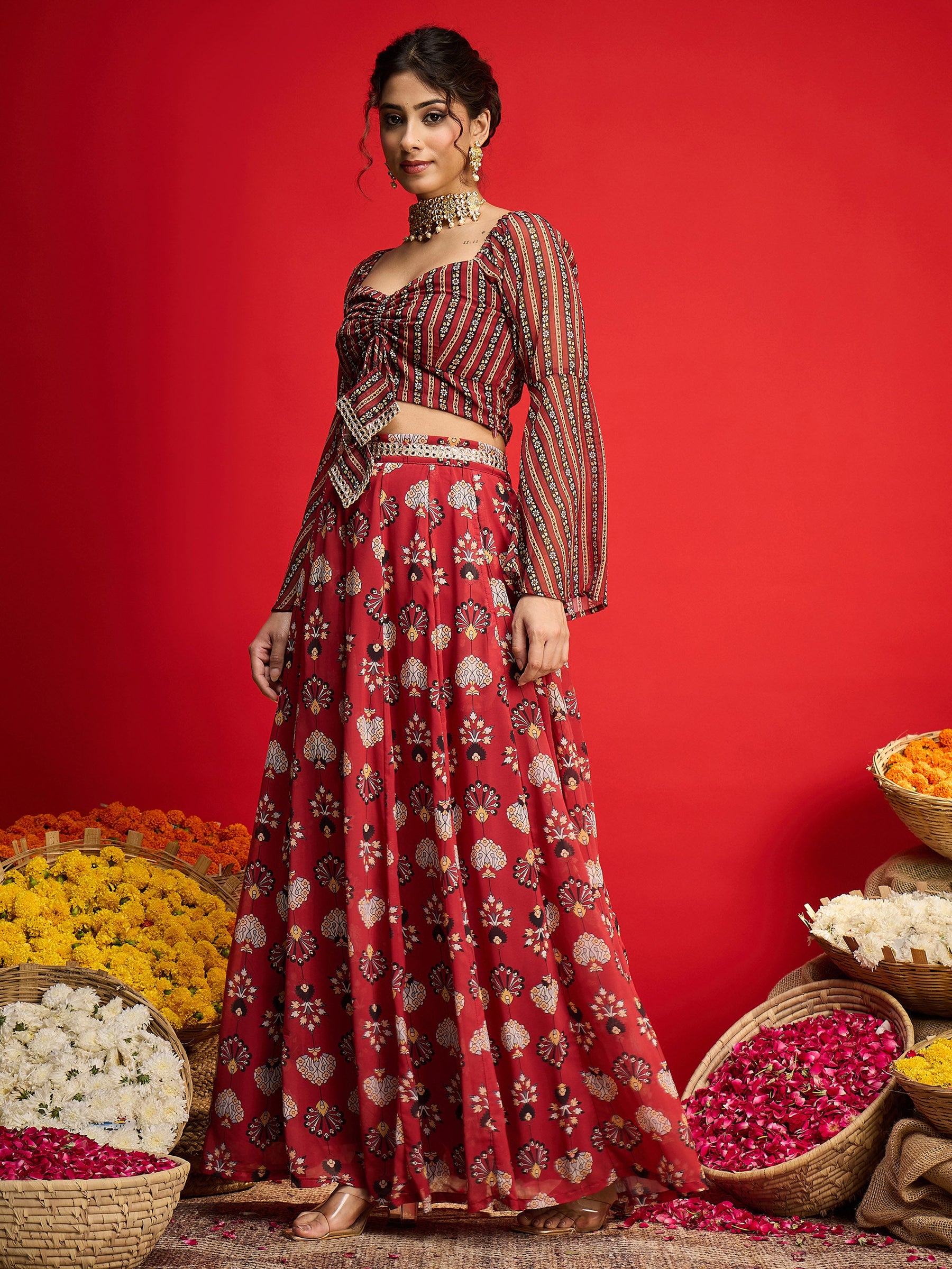 Maroon Floral Rouching Crop Top With Anarkali Skirt -Shae by SASSAFRAS