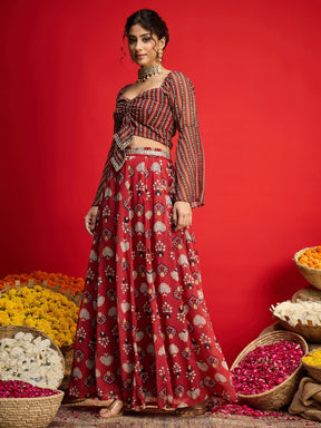 Maroon Floral Rouching Crop Top With Anarkali Skirt -Shae by SASSAFRAS