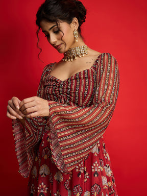 Maroon Floral Rouching Crop Top With Anarkali Skirt -Shae by SASSAFRAS