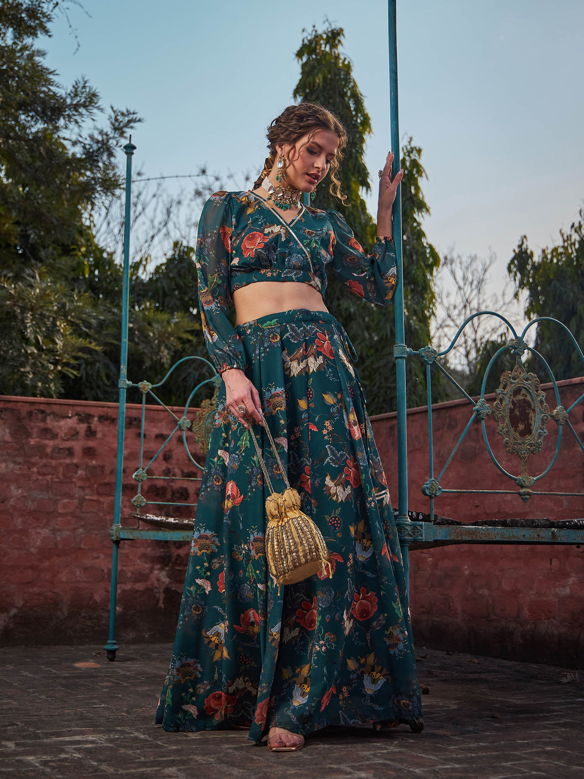 Green Floral Wrap Crop Top With Anarkali Skirt -Shae by SASSAFRAS