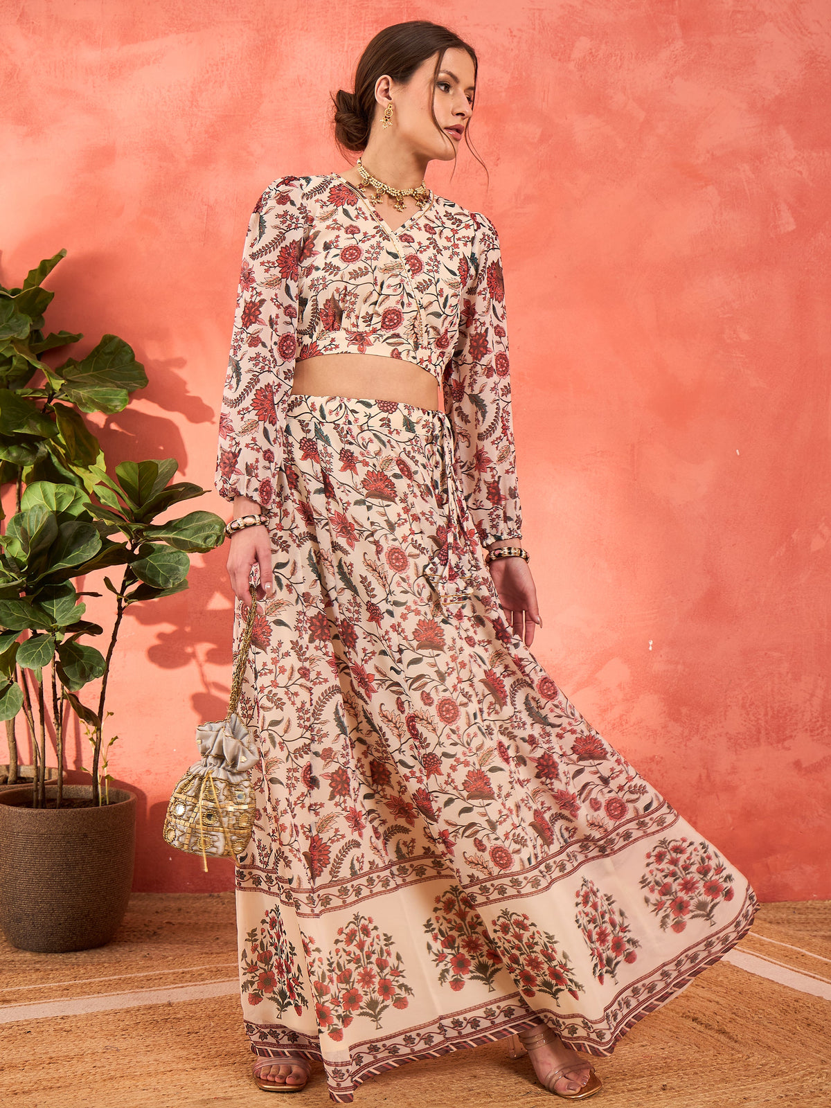Beige Floral Wrap Crop Top With Anarkali Skirt-Shae by SASSAFRAS
