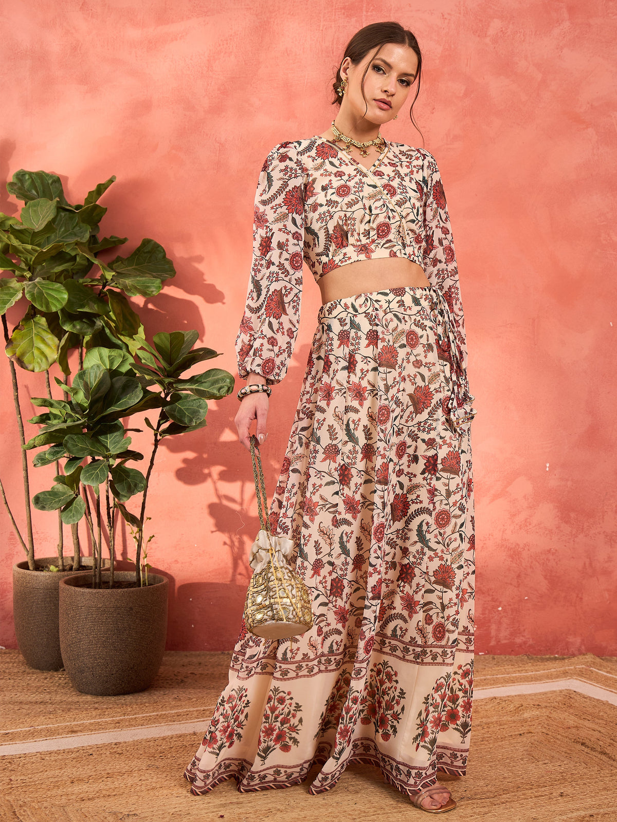 Beige Floral Wrap Crop Top With Anarkali Skirt-Shae by SASSAFRAS