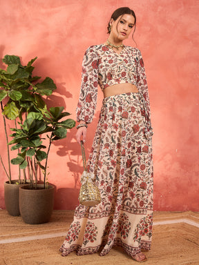 Beige Floral Wrap Crop Top With Anarkali Skirt-Shae by SASSAFRAS