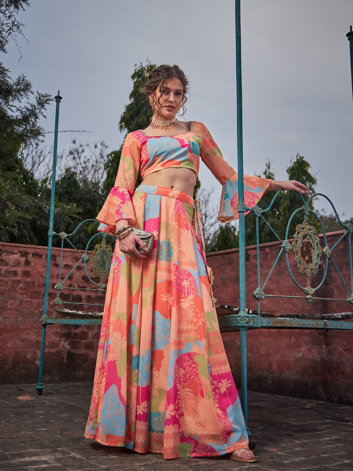 Orange Tie & dye Crop Top With Anarkali Skirt-Shae by SASSAFRAS