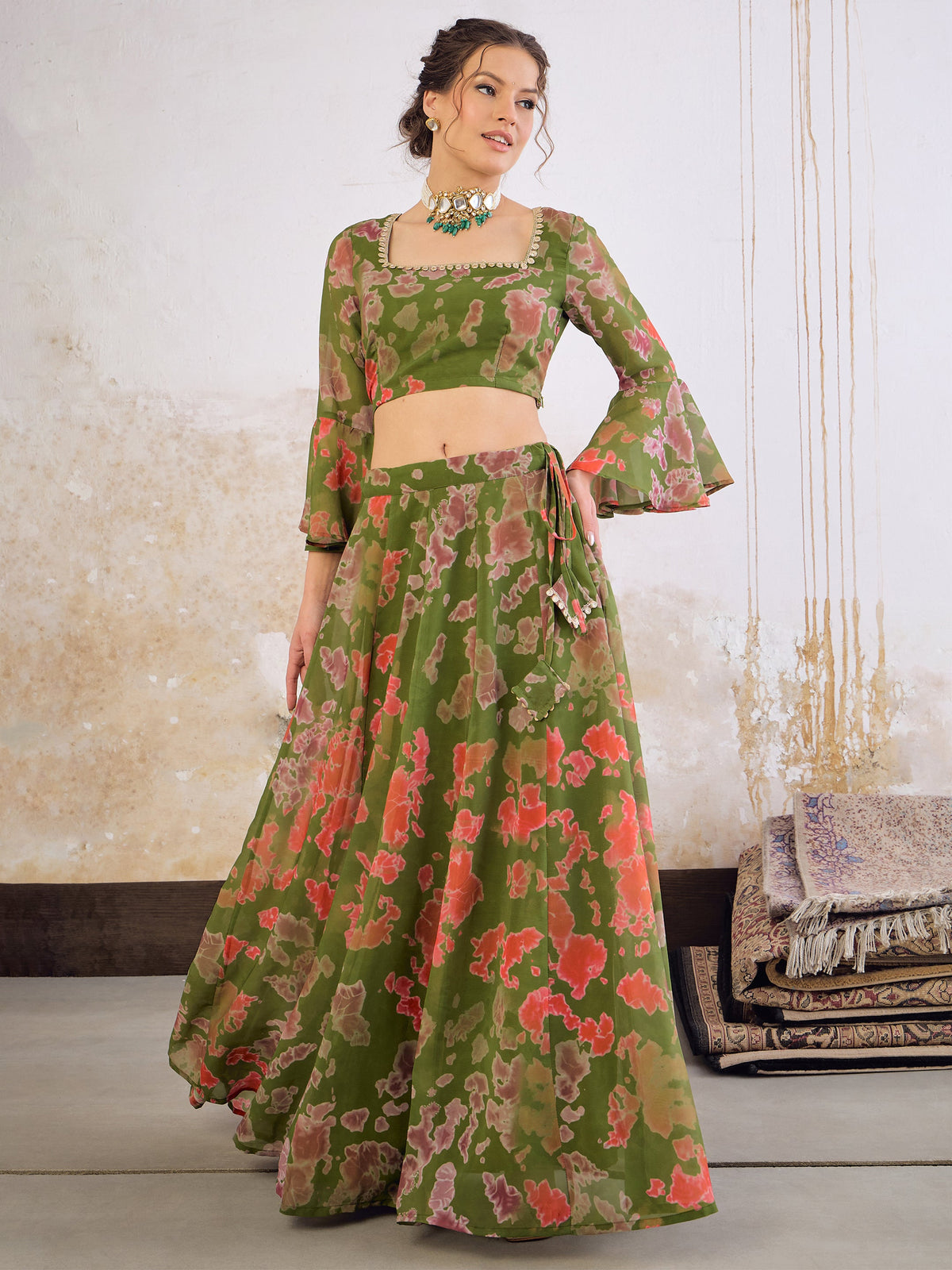 Green  Tie & dye Crop Top With Anarkali Skirt-Shae by SASSAFRAS