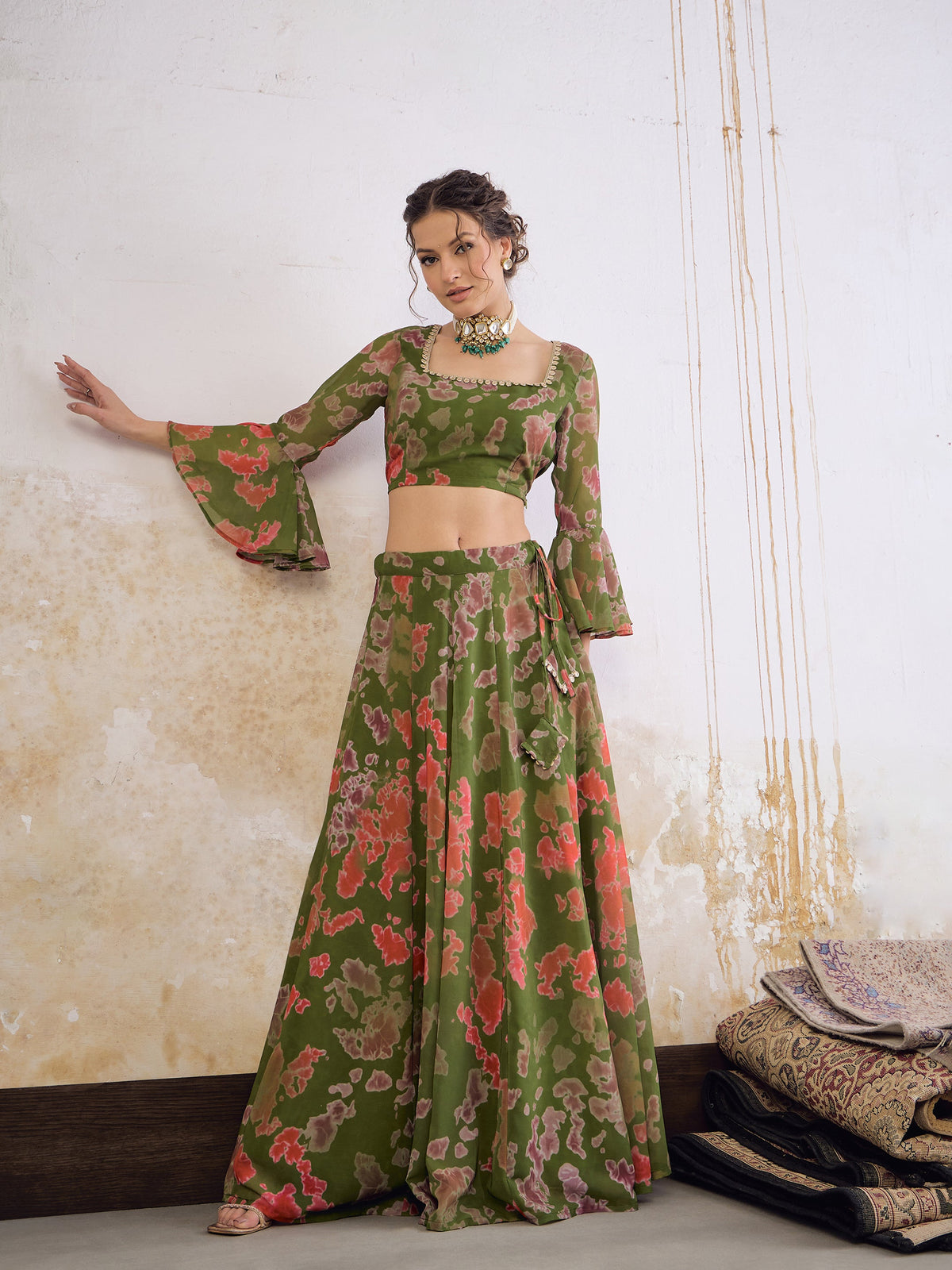 Green  Tie & dye Crop Top With Anarkali Skirt-Shae by SASSAFRAS