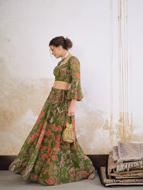 Green  Tie & dye Crop Top With Anarkali Skirt-Shae by SASSAFRAS