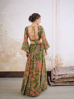 Green  Tie & dye Crop Top With Anarkali Skirt-Shae by SASSAFRAS