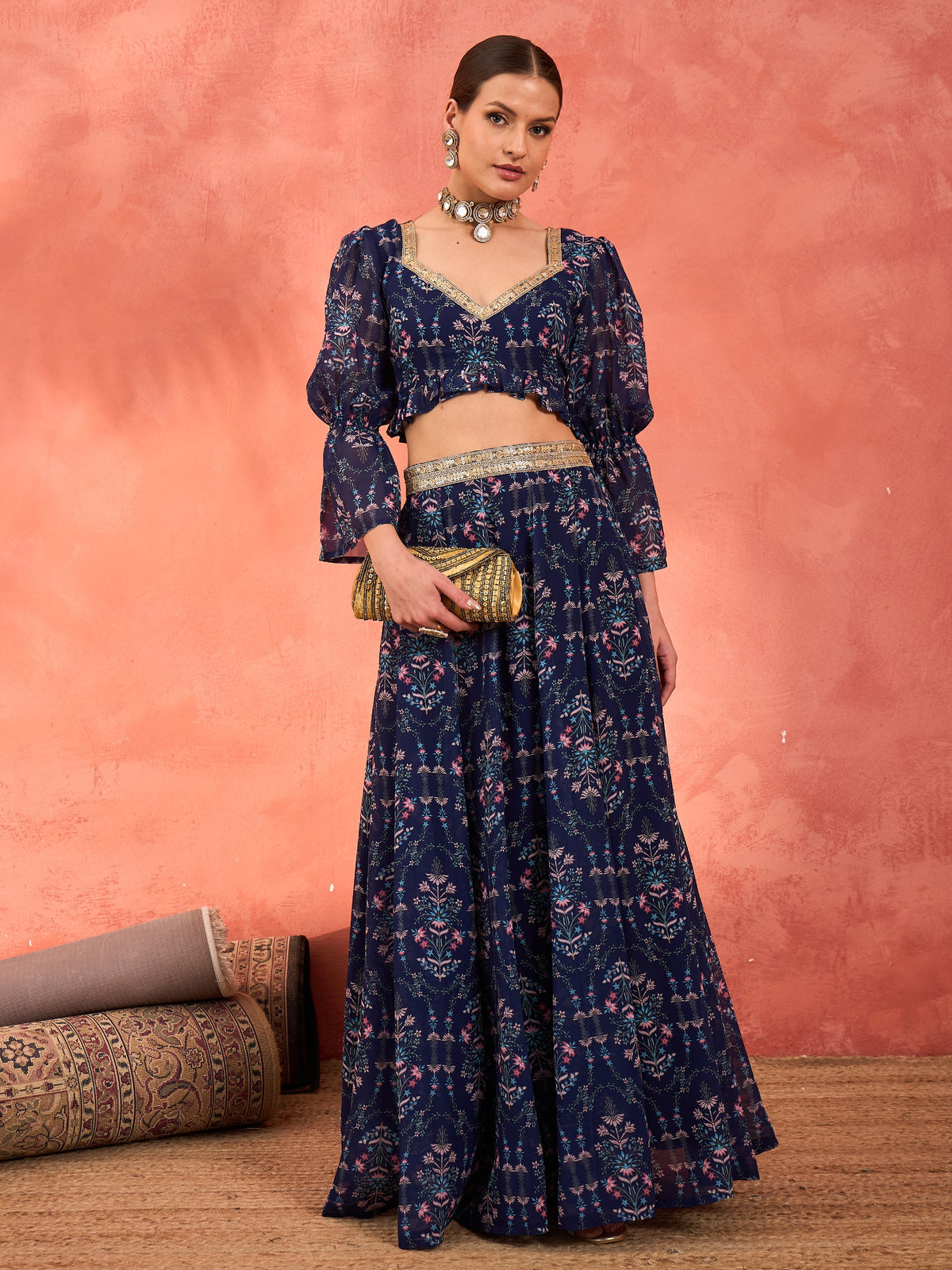 Navy Floral Hem Frill Crop Top With Anarkali Skirt-Shae by SASSAFRAS