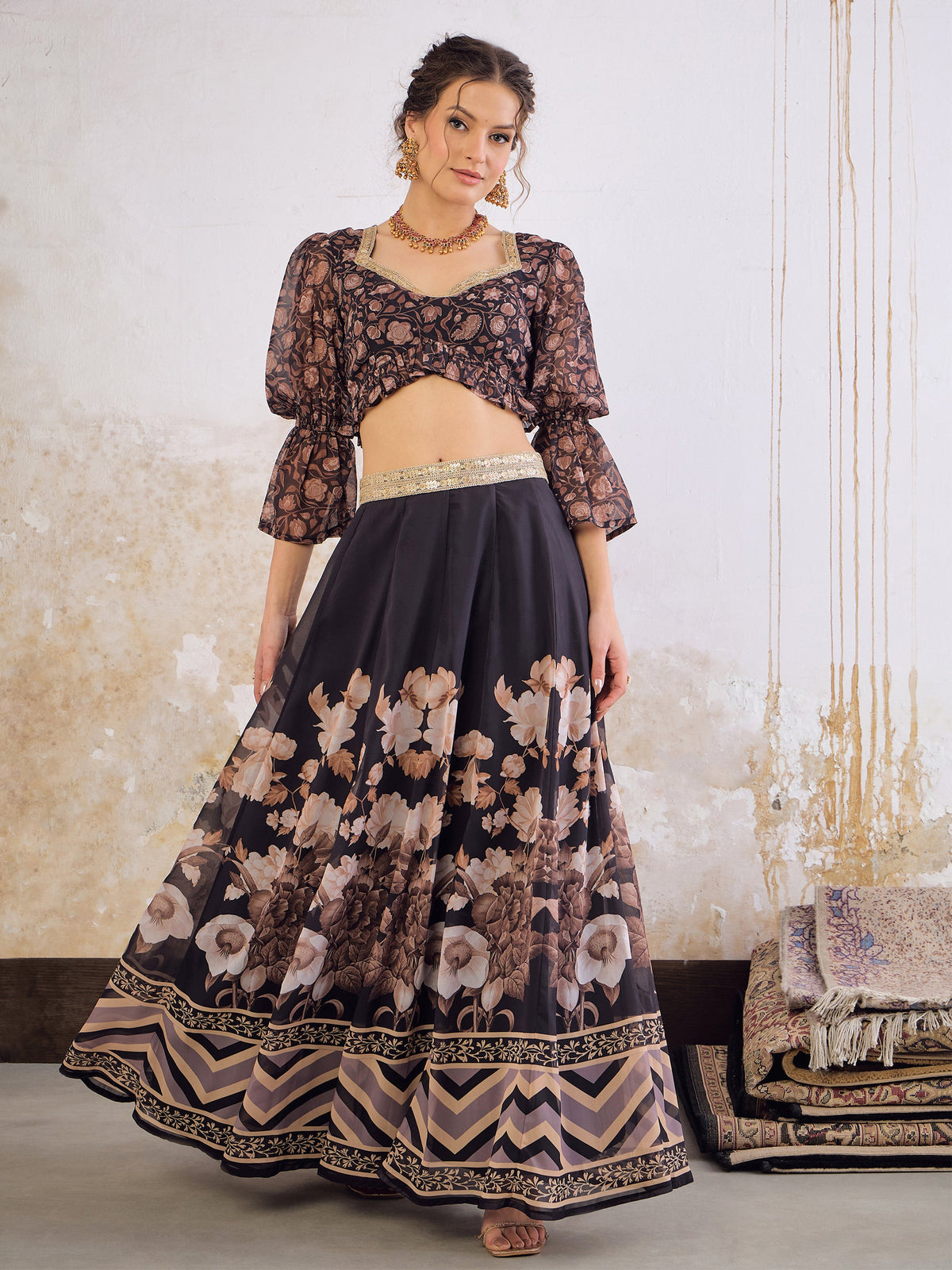 Black Floral Hem Frill Crop Top With Anarkali Skirt-Shae by SASSAFRAS
