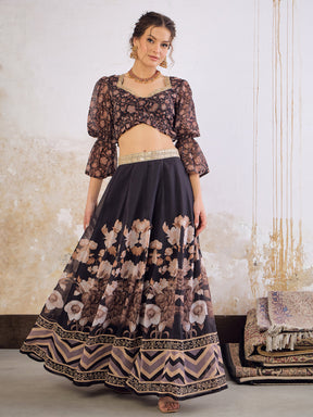 Black Floral Hem Frill Crop Top With Anarkali Skirt-Shae by SASSAFRAS