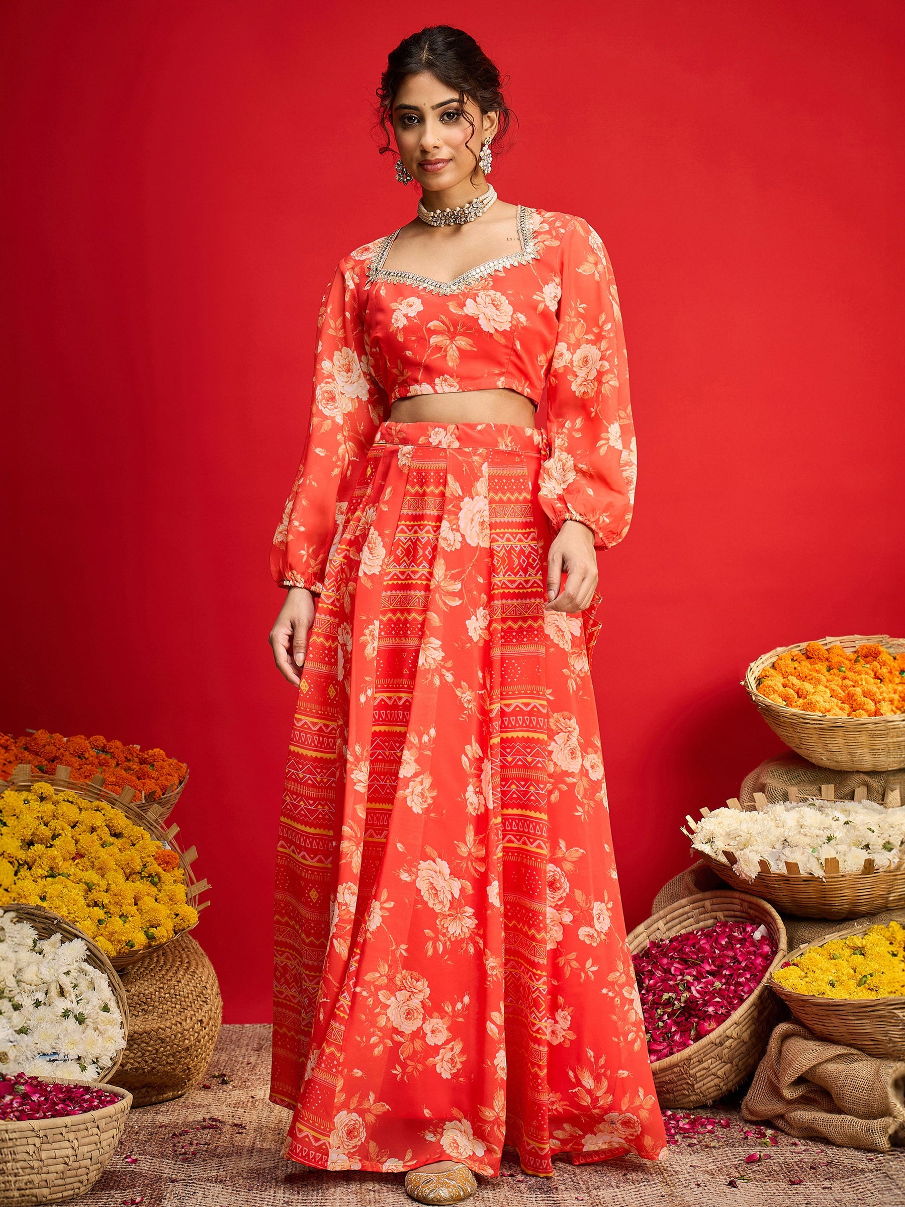 Orange Floral Sweetheart Neck Crop Top With Anarkali Skirt-Shae by SASSAFRAS