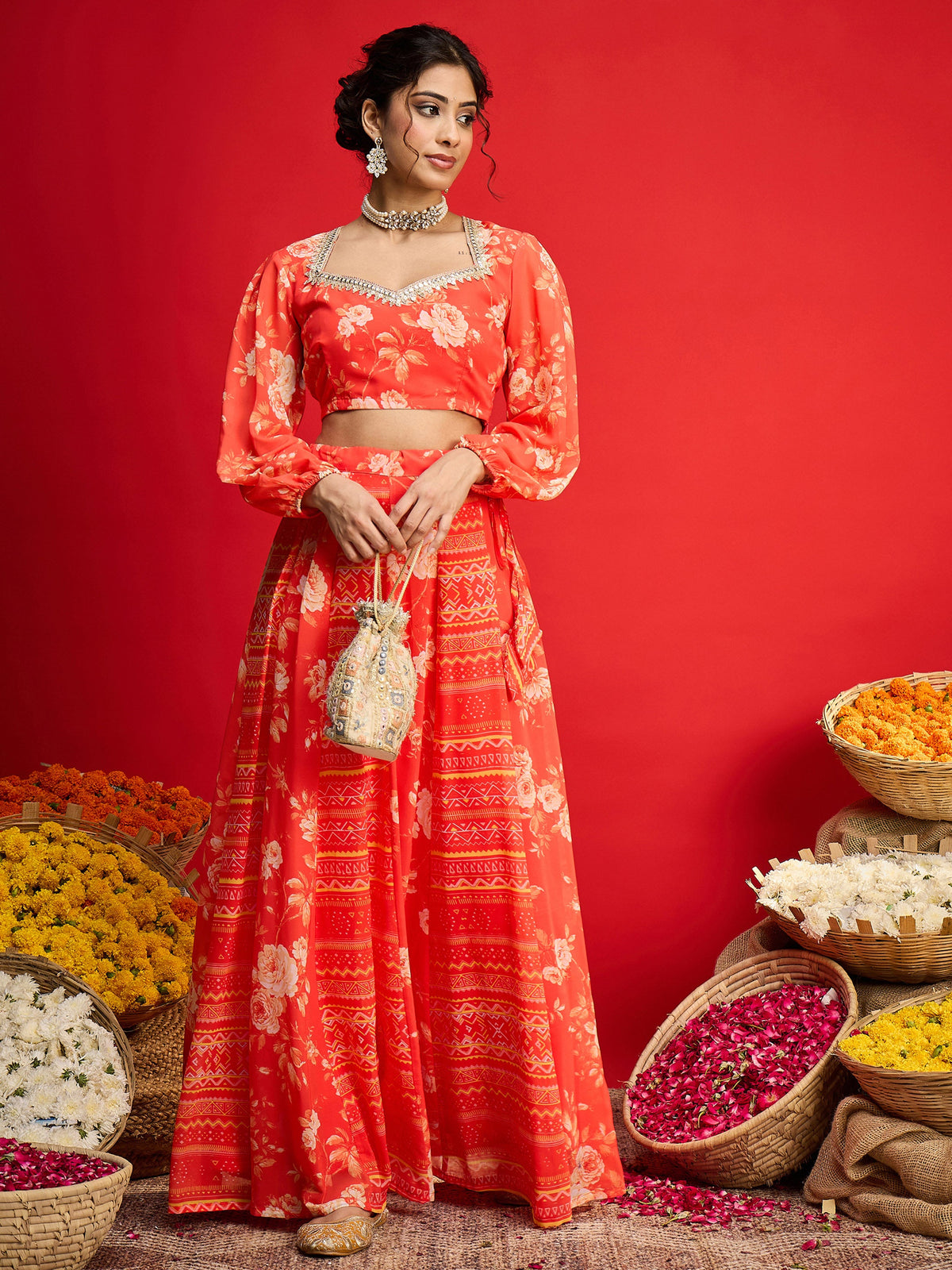 Orange Floral Sweetheart Neck Crop Top With Anarkali Skirt-Shae by SASSAFRAS