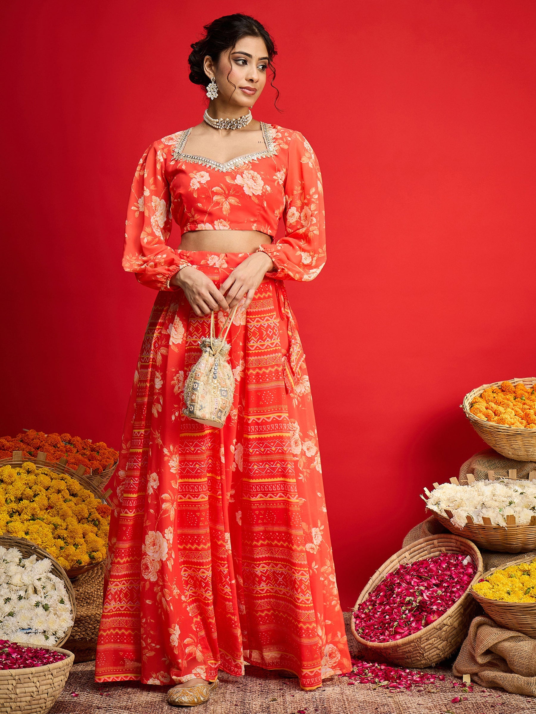 Orange Floral Sweetheart Neck Crop Top With Anarkali Skirt-Shae by SASSAFRAS