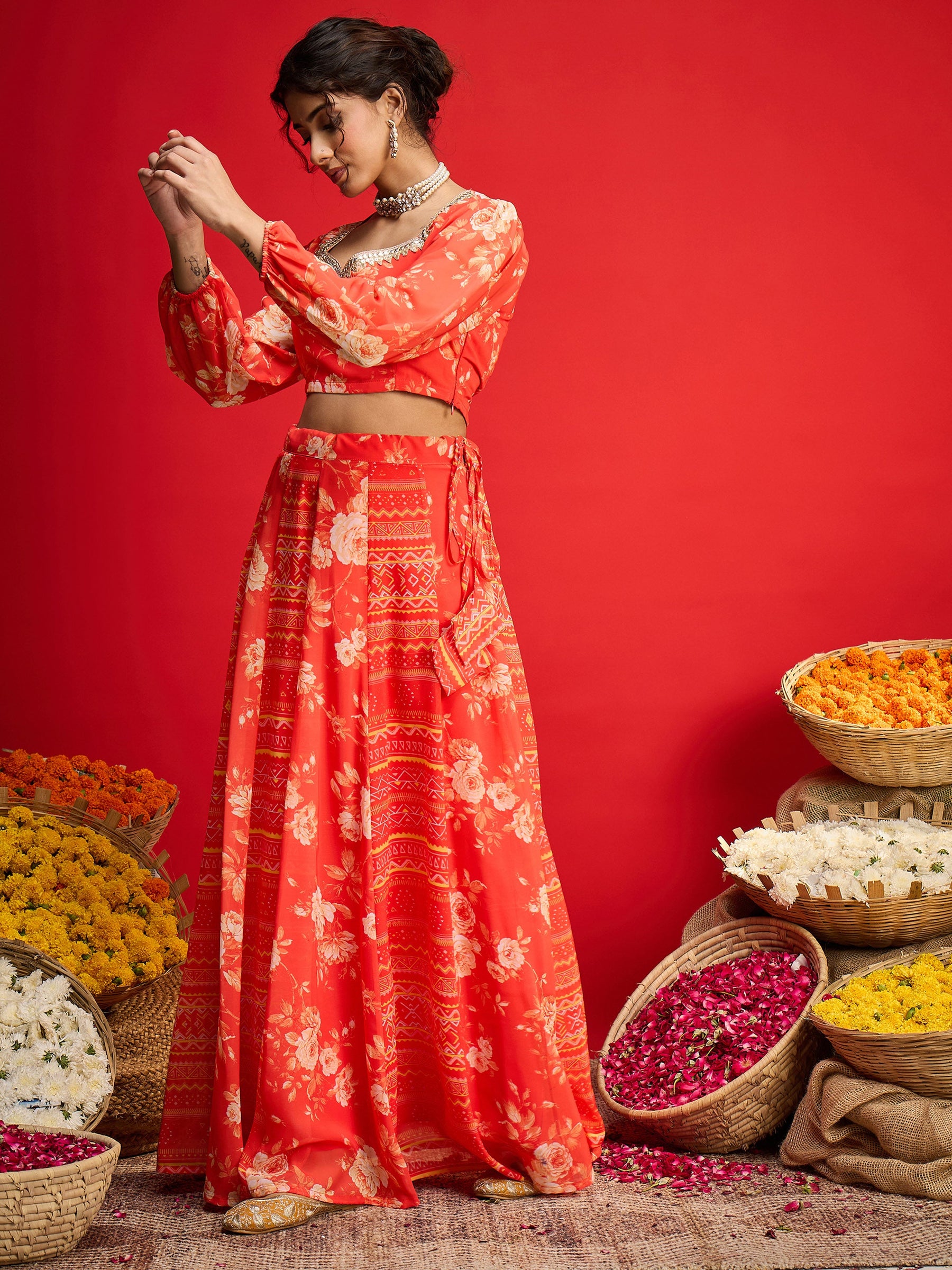 Orange Floral Sweetheart Neck Crop Top With Anarkali Skirt-Shae by SASSAFRAS