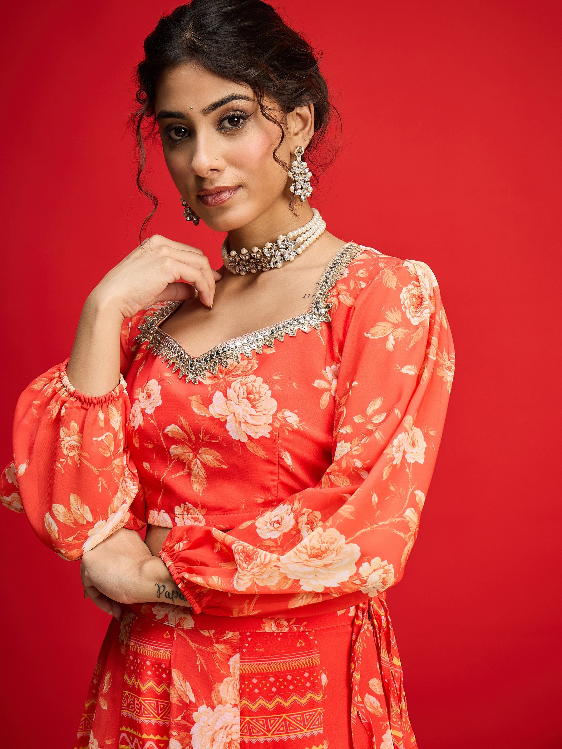 Orange Floral Sweetheart Neck Crop Top With Anarkali Skirt-Shae by SASSAFRAS