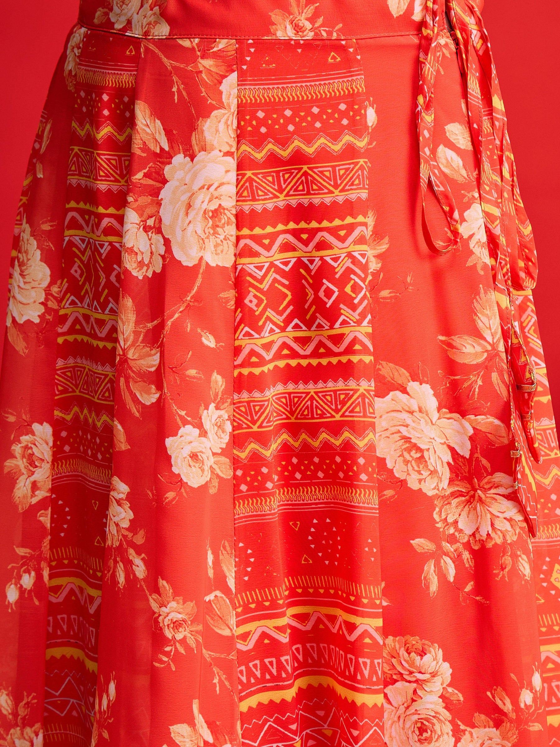 Orange Floral Sweetheart Neck Crop Top With Anarkali Skirt-Shae by SASSAFRAS