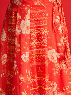 Orange Floral Sweetheart Neck Crop Top With Anarkali Skirt-Shae by SASSAFRAS